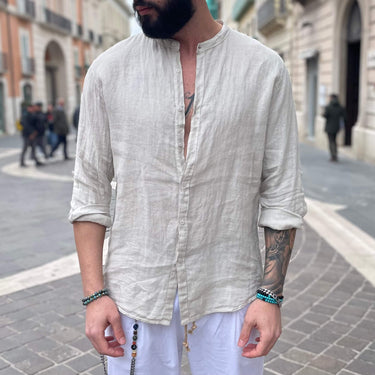 Camicia di lino sabbia collo coreano - FLAG STORE